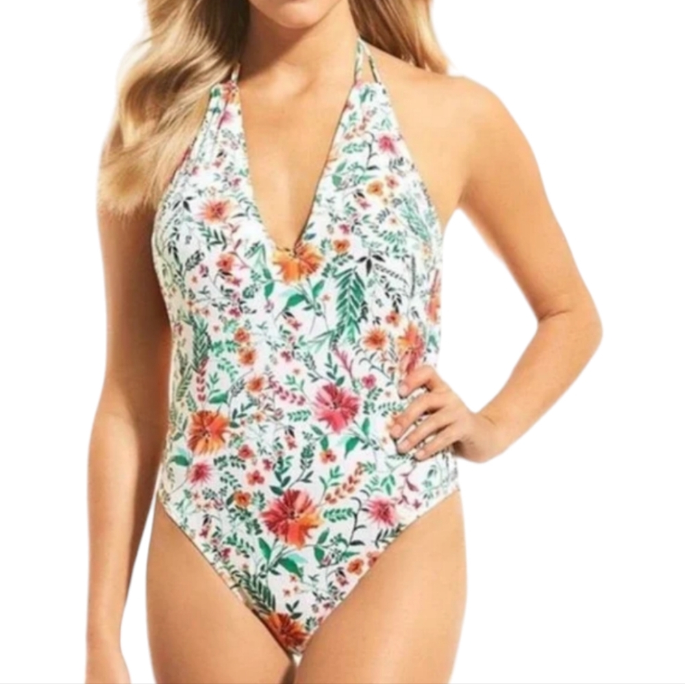 Cremieux Vintage Floral Plunge Halter Low Back Tie Back One Piece Swimsuit Large